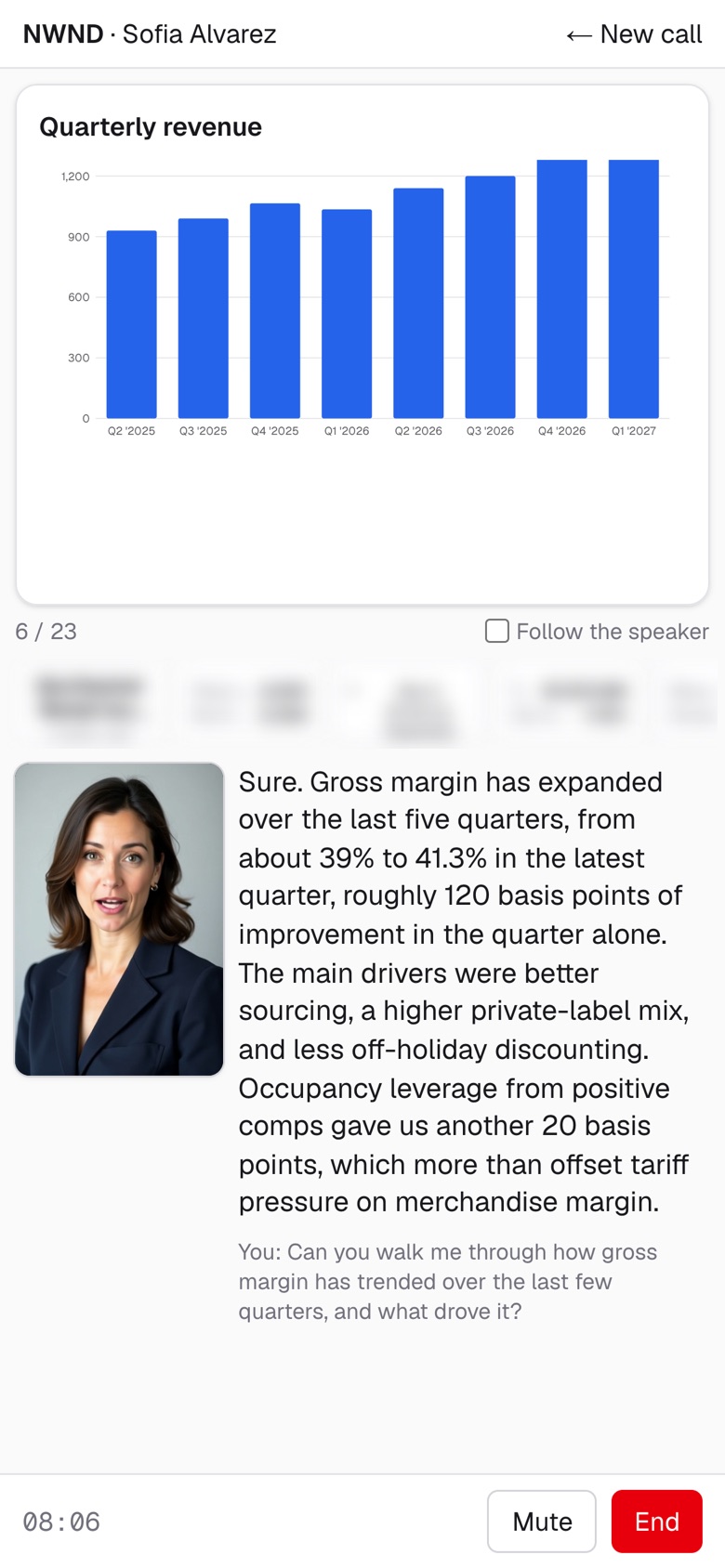 The same call on a phone: slide on top, IR rep and captions below