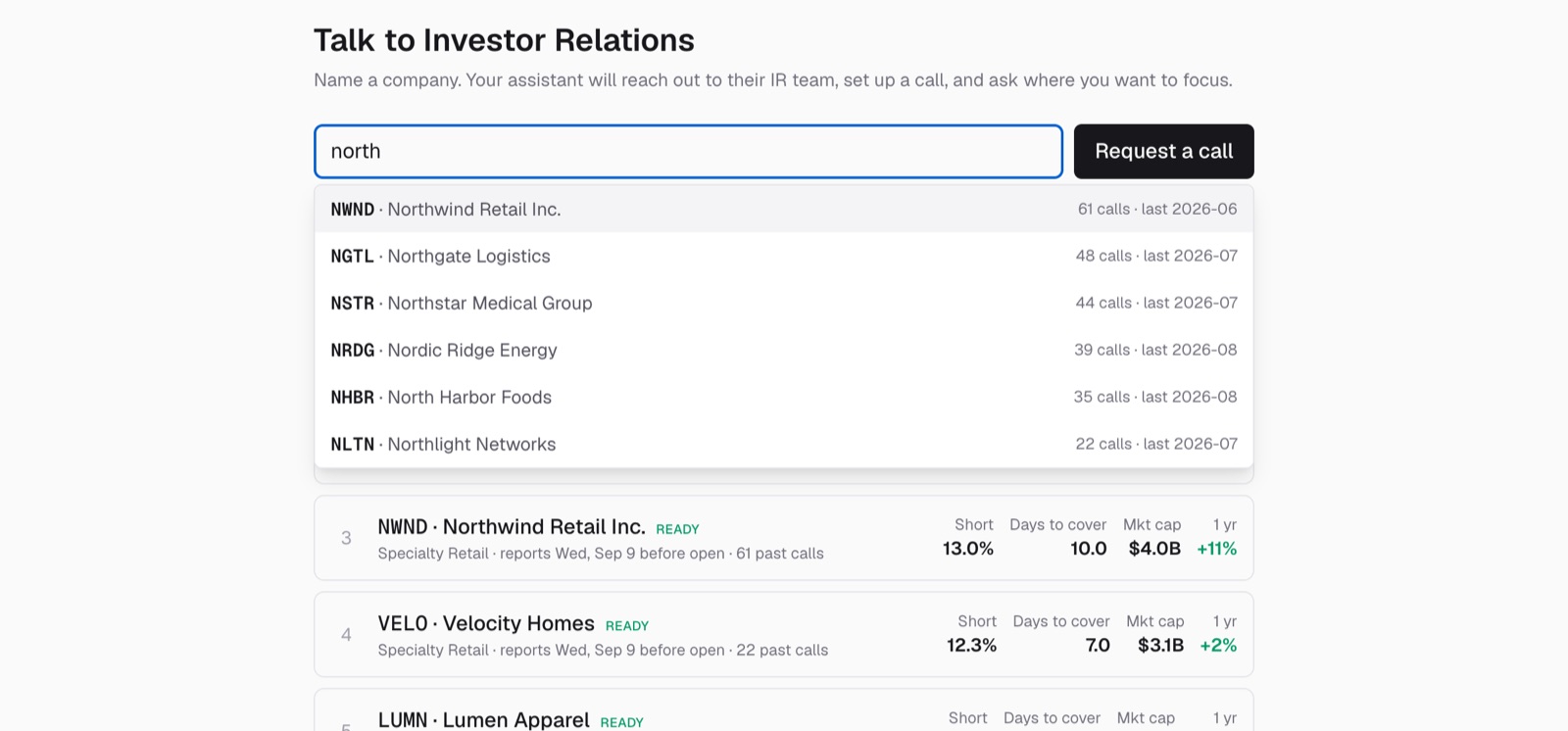 Company search with autocomplete and a list of suggested companies reporting soon