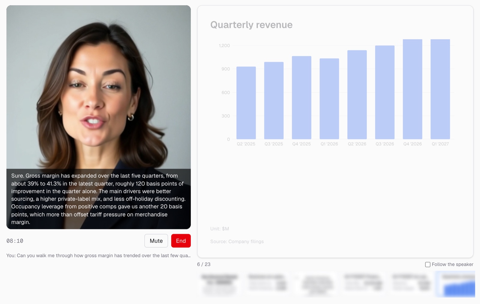 The rep answering a question about gross margin beside a quarterly revenue chart